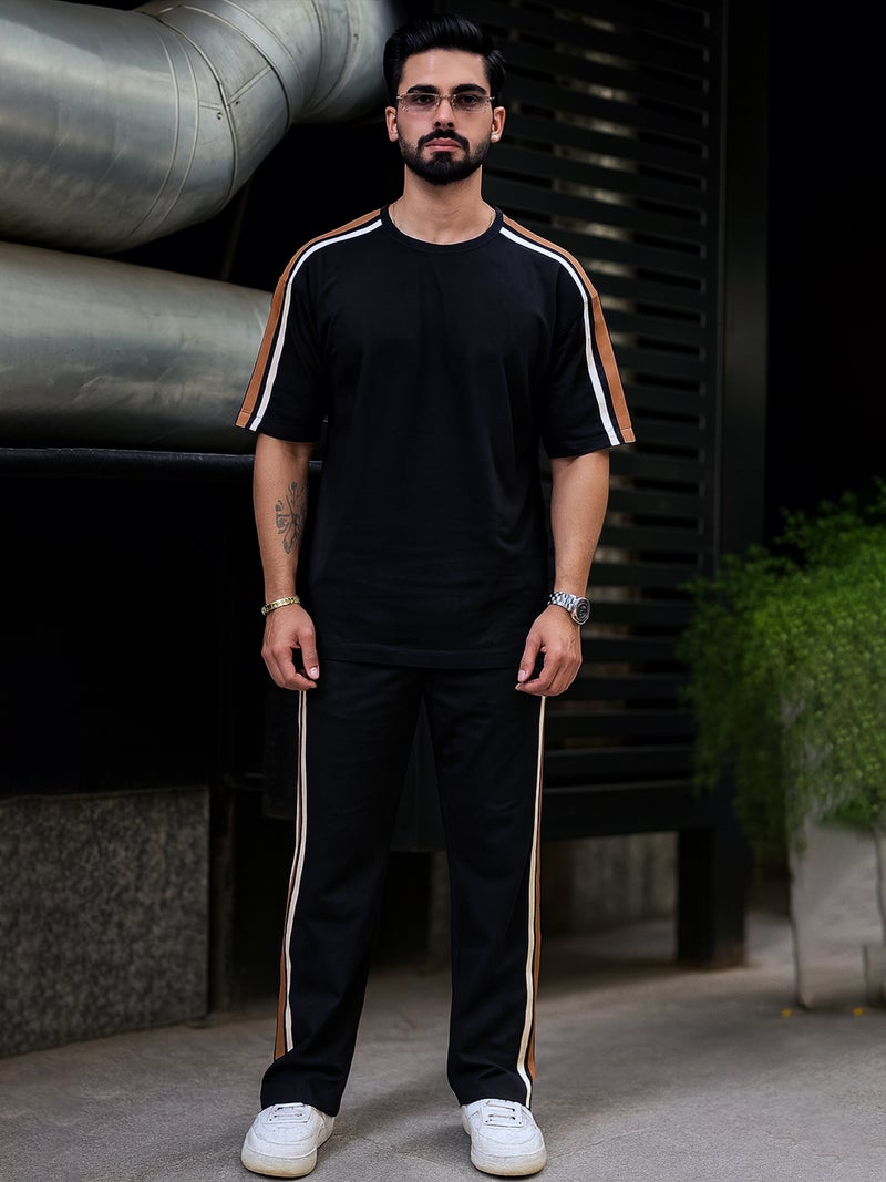 Maniac Mens Colorblock Side Tape Round Neck Half Sleeve Black and Brown Cotton Co-Ords - Image 2